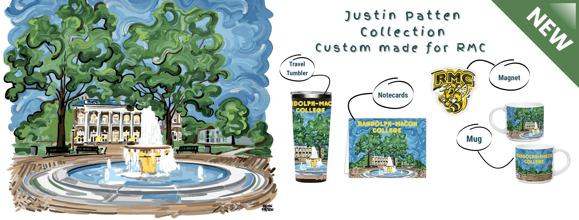Justin Patten Collection - custom made for RMC. Includes photos of the travel tumbler, mug, magnet, and notecards made by Justin Patten