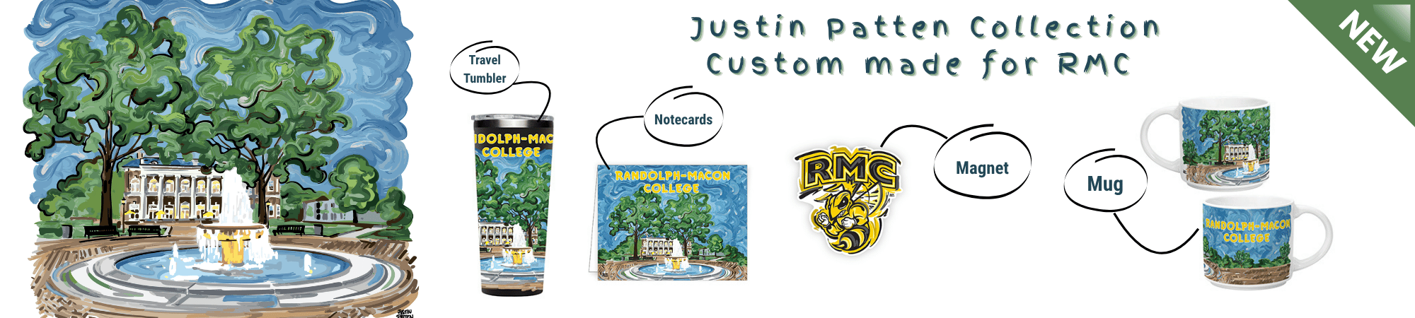 Justin Patten Collection - custom made for RMC. Includes photos of the travel tumbler, mug, magnet, and notecards made by Justin Patten